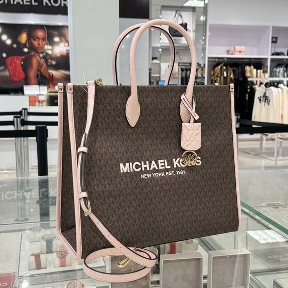Michael Kors Mirella Large North South Tote Shoulder Bag MK Brown Pink - Picture 2 of 10